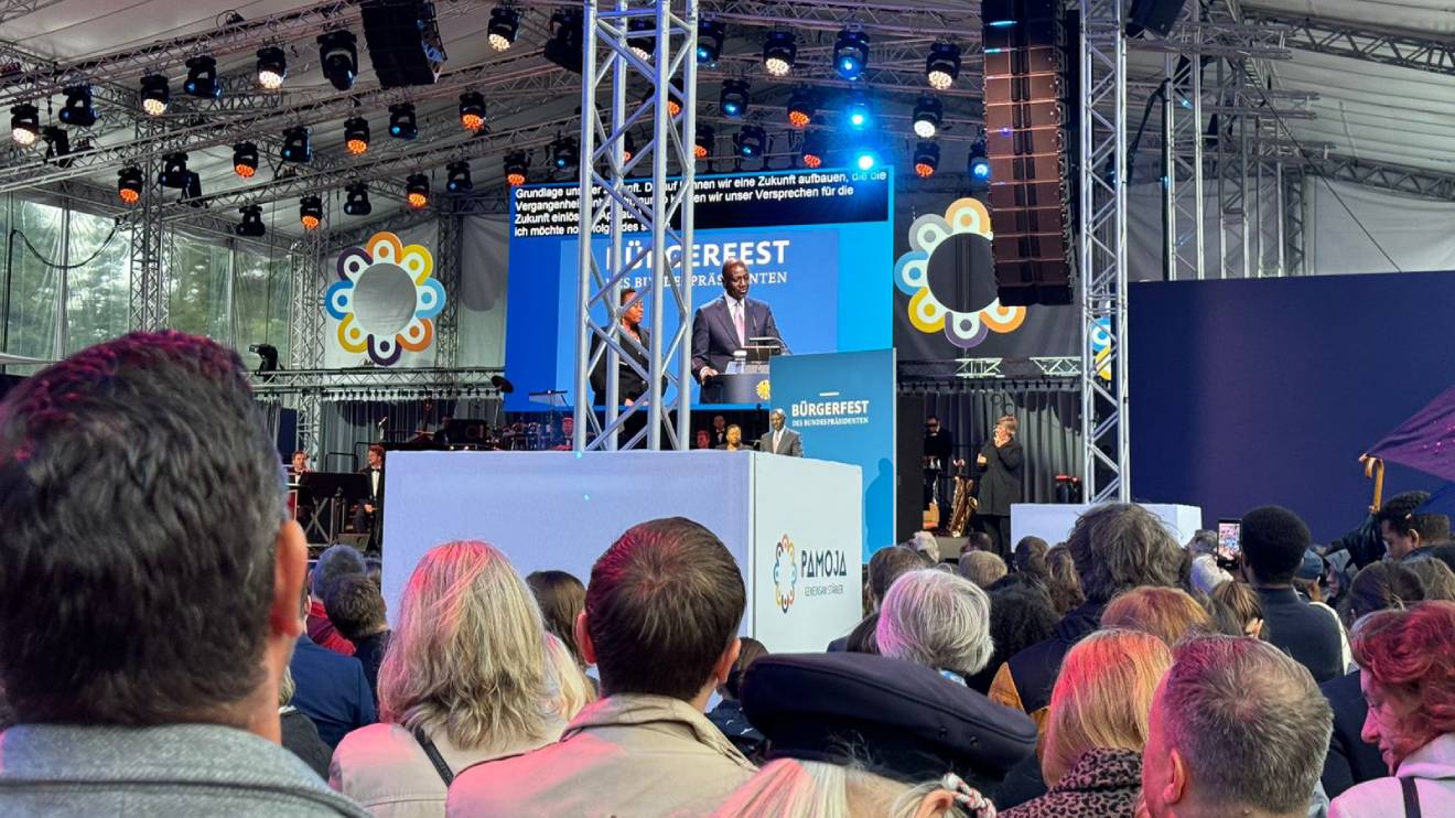 William Ruto giving a speech at the Bürgerfest festival. PHOTO/COURTESY